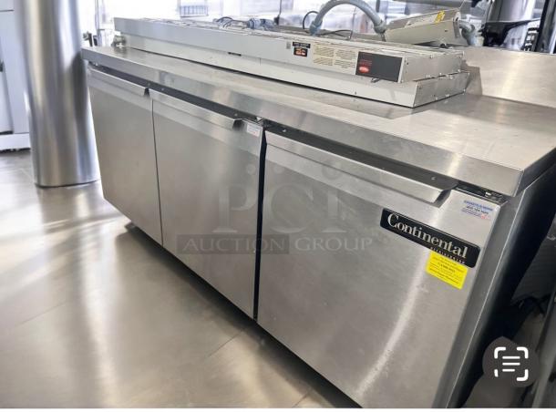Continental Refrigerator 3-door sandwich prep table, model SW72-AS-BS, in outstanding condition, fully tested.