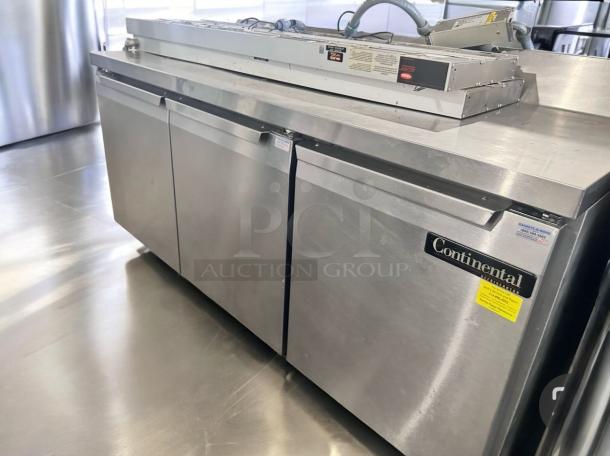 Continental Refrigerator 3-door sandwich prep table, model SW72-AS-BS, stainless steel, outstanding condition, 115V.