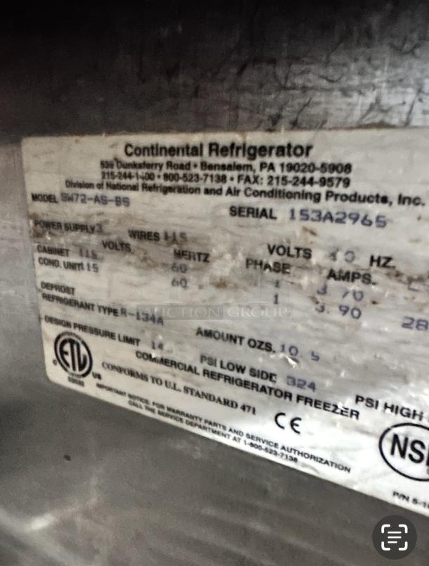 Continental Refrigerator label showing model SW72-AS-BS details; 115V, serial 153A2965, ETL certified, made in Bensalem, PA.