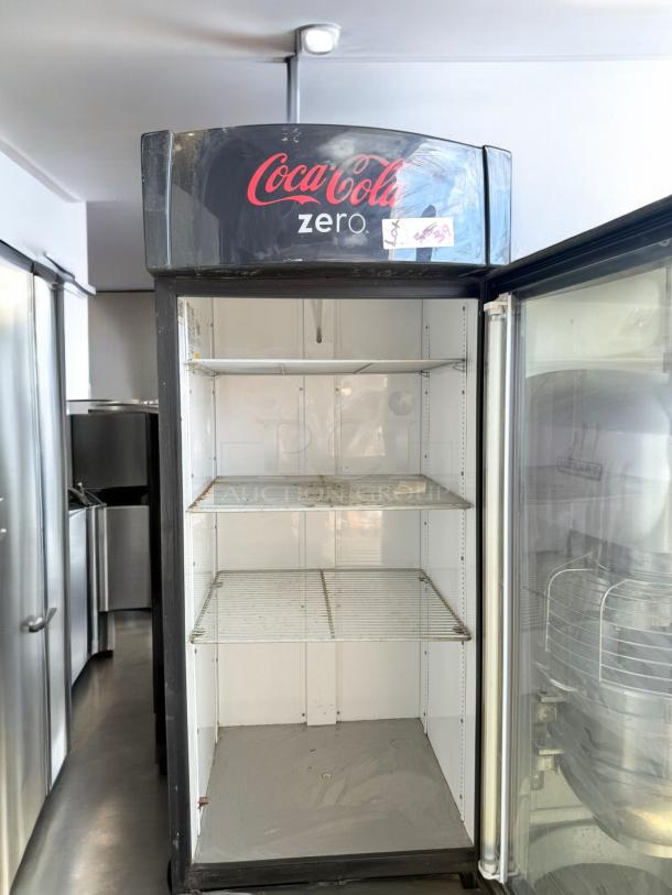 True GDM-26 Coca-Cola Zero display refrigerator, single glass door, shelves intact, good condition, 115V, fully tested.