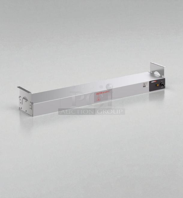Brand new ServIt SWT36 36" single strip food warmer, 120V, 850W. Unused, in box. Labels indicate caution and power settings.