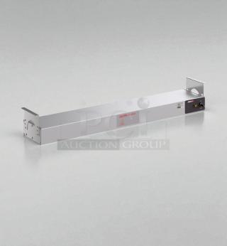 Brand new ServIt SWT36 36" single strip food warmer, 120V, 850W. Unused, in box. Labels indicate caution and power settings.