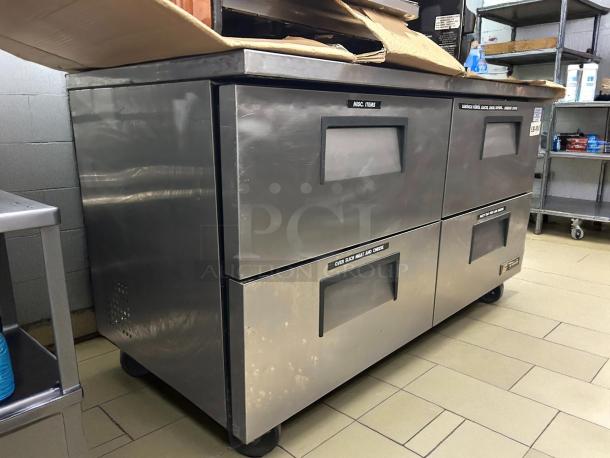 True TUC-60D-4-HC four-drawer undercounter refrigerator, excellent condition, 60", 16 cu. ft., stainless steel, tested working.