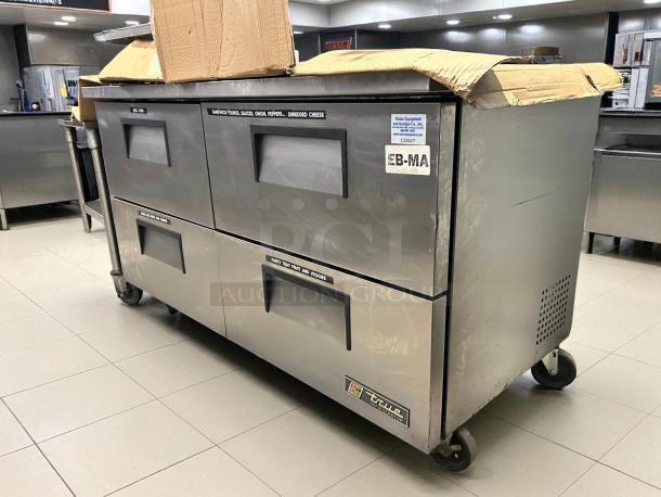 True TUC-60D-4-HC undercounter refrigerator, 60", four drawers, stainless steel, excellent condition, 16 cu. ft., labeled.