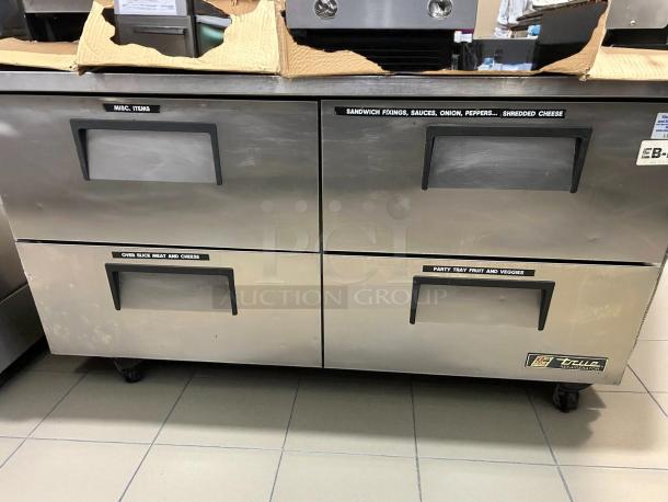 True TUC-60D-4-HC 60" undercounter refrigerator with four drawers, excellent condition, 16 cu. ft., stainless steel, tested working.