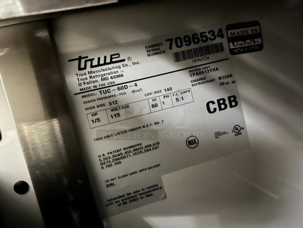 True TUC-60D-4-HC undercounter refrigerator label, showing model, voltage, UL and NSF logos. Excellent condition, 16 cu. ft.