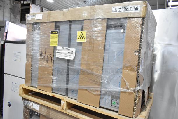 Brand new Hoshizaki EUF48A stainless steel commercial 2-door undercounter freezer, in box, 115V, 1 phase, model tags visible.