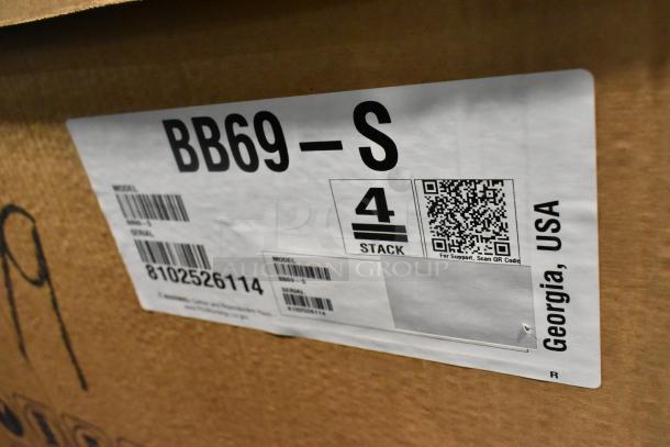Brand new Hoshizaki BB69-S stainless steel commercial back bar cooler in box. Visible label includes model number and QR code.