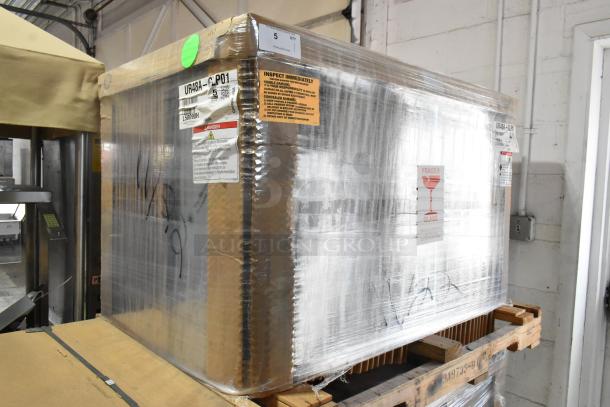 Brand new Hoshizaki UR48A-GLP01 stainless steel undercounter cooler in original packaging. 115V, 1 phase. Tags show model and handling labels.