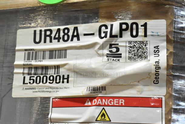 Label for Hoshizaki UR48A-GLP01 cooler, shows model, serial L50090H, and warning. Made in Georgia, USA. Brand new.