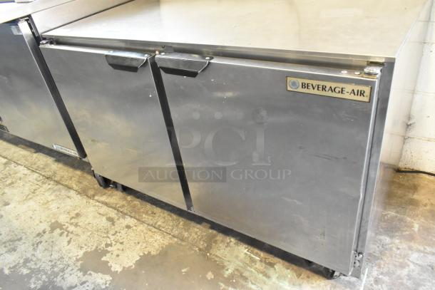 Beverage Air UCR48A stainless steel 2-door undercounter cooler on casters, 115V, 1 phase, commercial use.