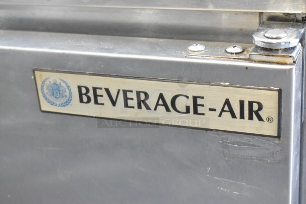 Beverage Air UCR48A stainless steel 2-door undercounter cooler, commercial casters, 115V, 1 phase, logo plate visible.