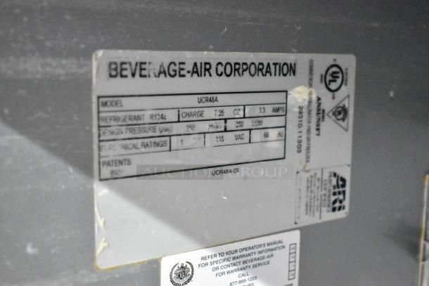 Beverage Air UCR48A undercounter cooler label showing model, refrigerant type R134a, charge 7.25 oz, 115 volts, 1 phase.
