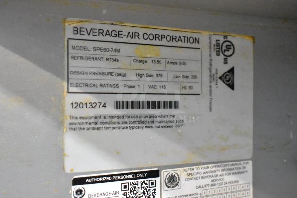 Beverage Air SPE60-24M sandwich salad prep table label, showing model, electrical ratings, refrigerant type, and safety certifications.