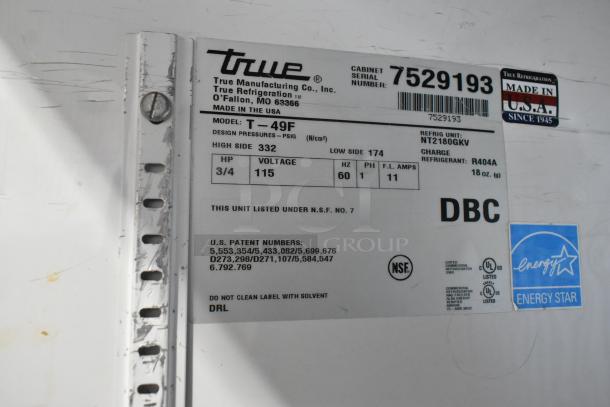 True T-49F stainless steel commercial freezer label, showing model, voltage, patents, and Energy Star certification.