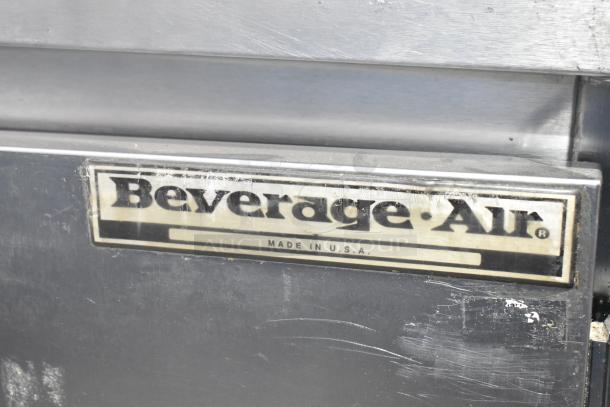 Beverage Air WTR60A stainless steel undercounter cooler with 2 doors and casters. Shows "Made in U.S.A." marking.
