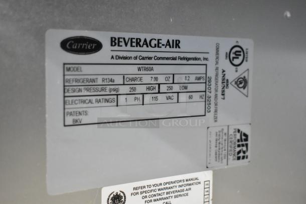 Beverage Air WTR60A stainless steel 2-door undercounter cooler, 115V, 1 phase, on casters. Refrigerant R134a, 8.2 amps.