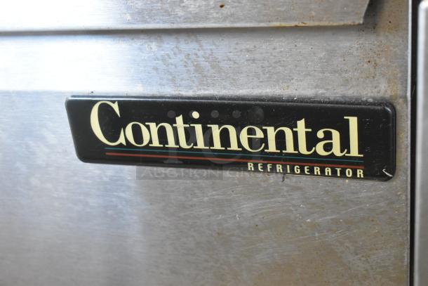 Continental SW48-18M stainless steel sandwich prep table label, indicating brand and refrigerator type.