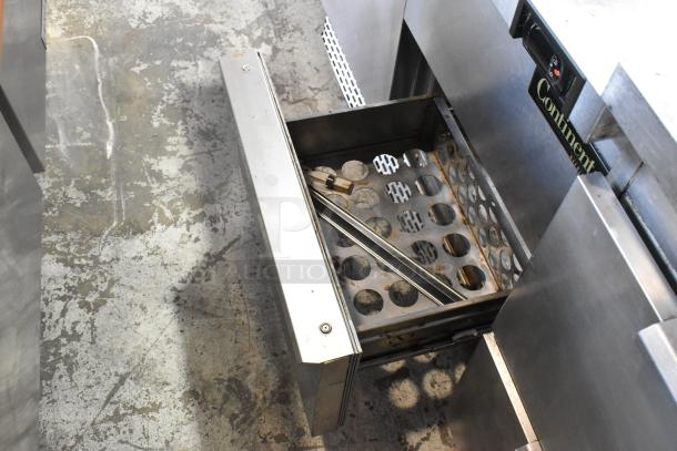 2019 Continental SW48-18M stainless steel prep table with open drawer showing interior, slight wear visible. 115 volts, 1 phase.