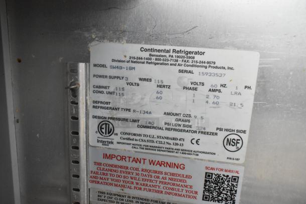 Label for Continental SW48-18M sandwich salad prep table. Details: 115 volts, R-134A refrigerant, NSF certified.