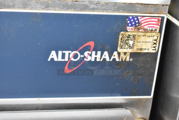 Alto Shaam 750-S stainless steel heated holding cabinet label, showing "Made in USA" sticker and QR code.
