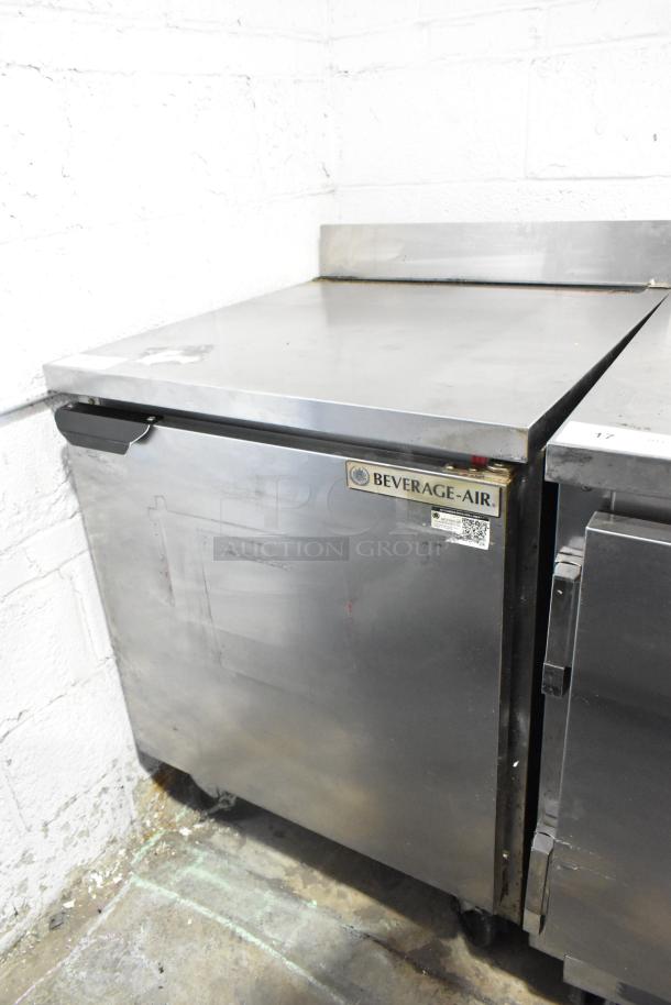 Beverage Air stainless steel single door work top cooler with commercial casters, 115 volts, 1 phase, in used condition.