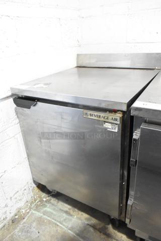 Beverage Air stainless steel single door work top cooler with commercial casters, 115 volts, 1 phase, in used condition.