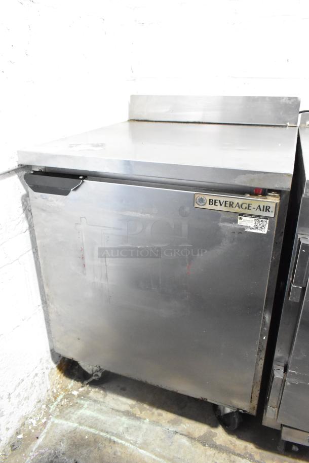Beverage Air stainless steel single door work top cooler on casters, 115 volts, 1 phase. Features logo and label marks.