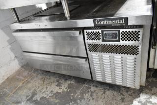 2018 Continental DL48G stainless steel chef base, 2 drawers, commercial casters, 115V, 1 phase, used condition.