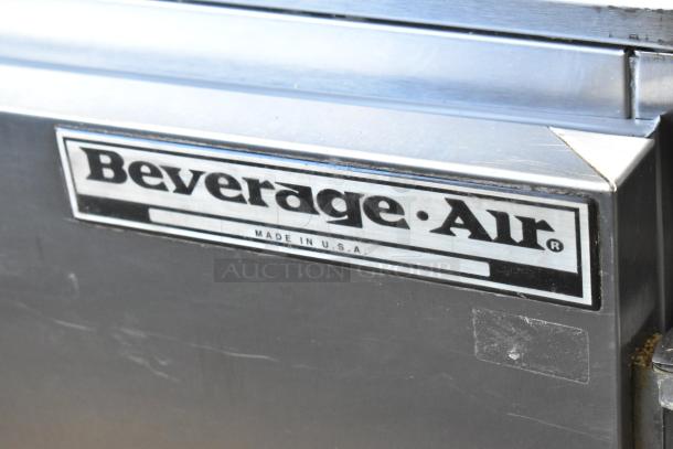 Beverage Air UCR48A undercounter cooler, stainless steel, two-door, commercial casters, label "Made in USA", 115V, 1 phase.