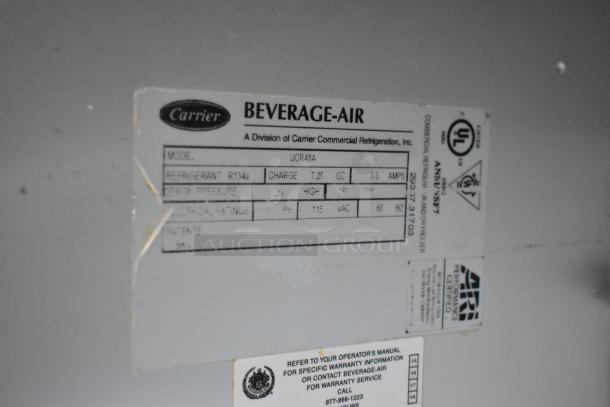 Beverage Air UCR48A stainless steel undercounter cooler label, showing model, refrigerant, voltage, and certification details.