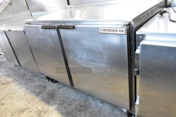 Beverage Air UCR48A stainless steel undercounter cooler, 2 doors, on casters, 115V, 1-phase, label indicates brand.