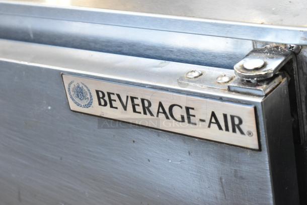 Beverage Air UCR48A stainless steel 2-door undercounter cooler with visible brand logo, commercial casters, 115V, 1 phase.