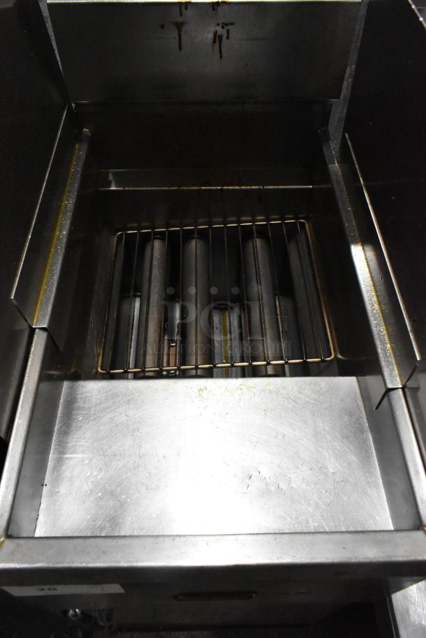 Pitco Frialator 40S deep fat fryer, stainless steel, natural gas, 105,000 BTU, with splash guards and casters, shown empty.