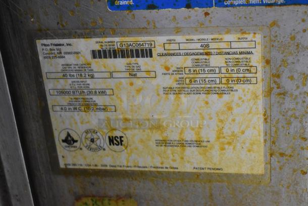 Pitco Frialator 40S deep fat fryer label showing model, natural gas type, 105,000 BTU, and NSF certification.