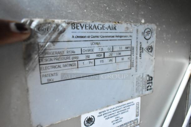 Beverage Air UCR48A stainless steel undercounter cooler label. Shows model, charge, and electrical ratings.