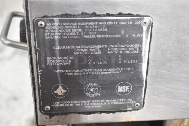 Vulcan MSA36-101 stainless steel gas griddle label, 81,000 BTU, detailing model, serial number, and clearance requirements.