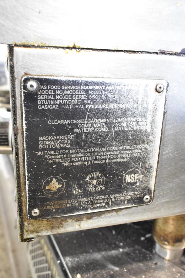 Vulcan MSA24-101 stainless steel griddle label, showing model, serial number, and 54,000 BTU. Natural gas powered.