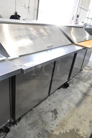 Beverage Air SPE48-18M stainless steel prep table with lid, on casters. 115V, 1 phase. Suitable for commercial use.