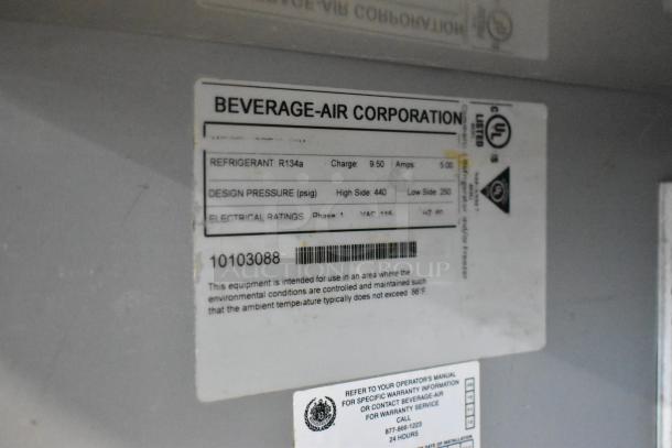 Beverage Air SPE48-18M prep table label showing specifications: refrigerant R134a, voltage 115, phase 1, UL listed.