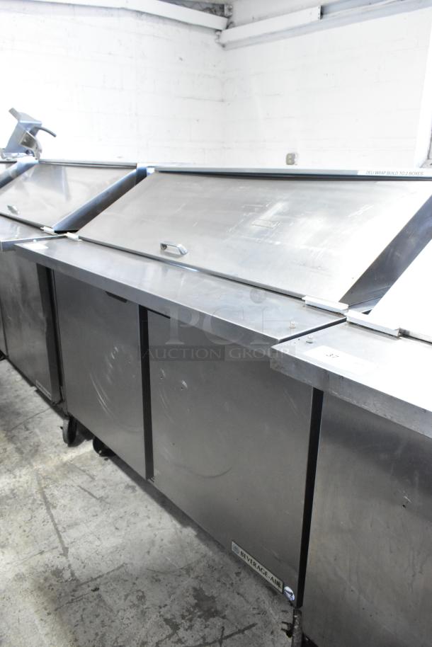 Beverage Air SPE48-18M stainless steel prep table with commercial casters, 115 volts, 1 phase, in used condition.