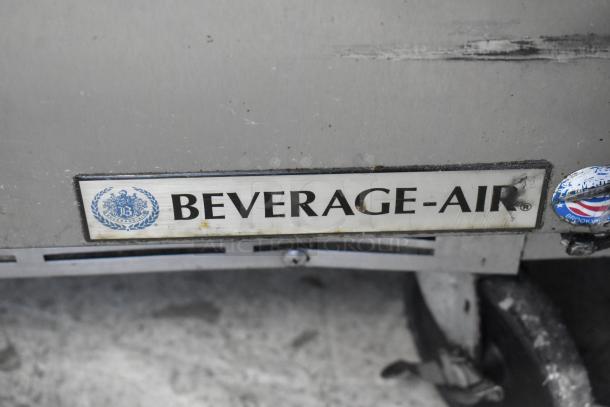 Beverage Air SPE48-18M stainless steel prep table with visible brand label, on commercial casters, 115V, 1 Phase.