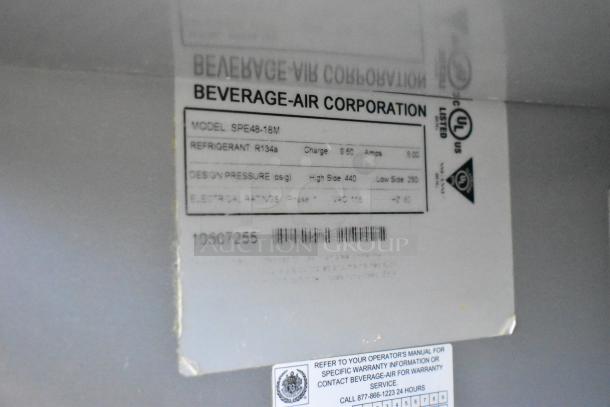 Beverage Air SPE48-18M prep table label. Shows model, refrigerant type R134a, and electrical ratings.