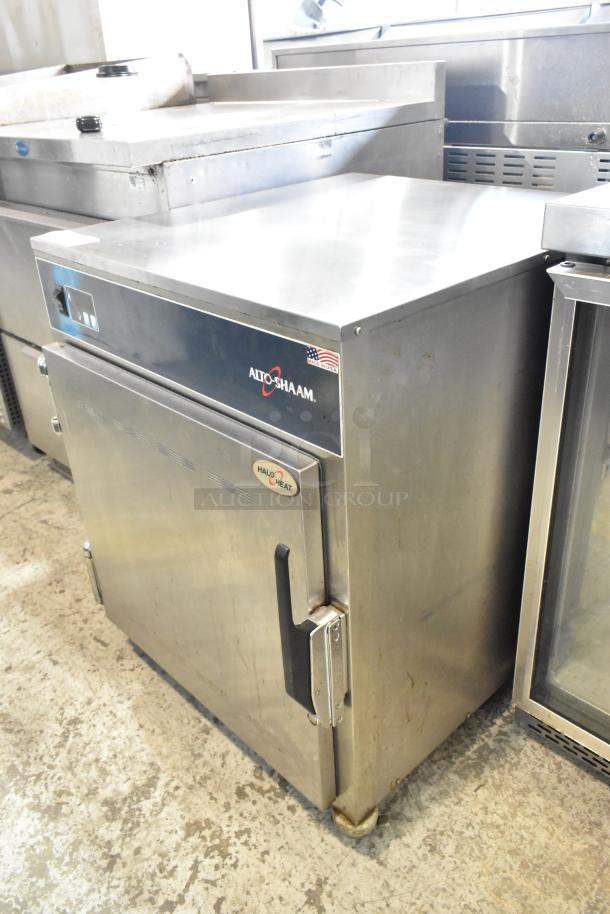 2019 Alto Shaam 750-S stainless steel heated holding cabinet on casters, 120V, 1 phase, with visible brand logo and Halo Heat label.
