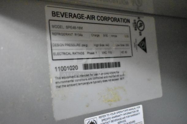 Label on Beverage Air SPE48-18M sandwich prep table; refrigerant R134a, 115V, 1 phase; model and usage instructions shown.