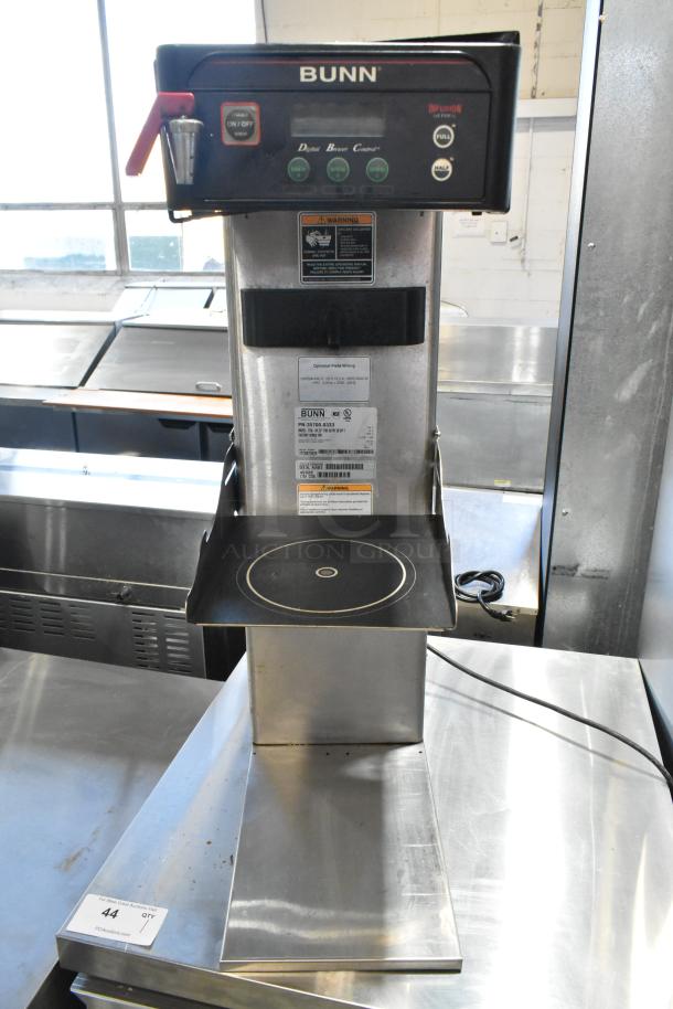 Bunn ITCB-DV stainless steel commercial iced tea machine with hot water dispenser, 120V, showing controls and labels.