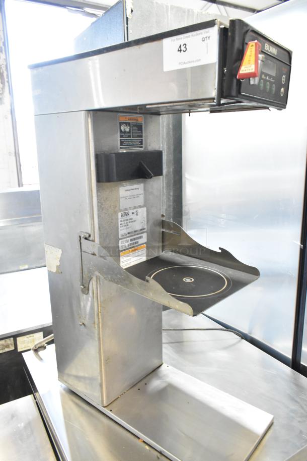 Bunn ITCB-DV commercial iced tea machine with hot water dispenser, stainless steel, 120V, visible control panel and labels.