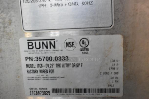 Bunn ITCB-DV iced tea machine label showing model, NSF and UL certifications, 120 volts, and 1 phase power details.