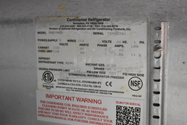 2019 Continental SW27NGD stainless steel undercounter cooler, single door, 115V, NSF certified, R290 refrigerant.
