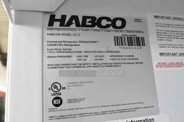 2019 Habco SE18 commercial cooler label showing model, electrical rating, and certification marks. 115V, 1 phase, UL listed.